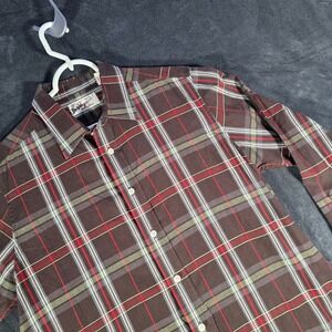 Penguin Plaid Button Up Shirt Long Sleeve Collared‎ Brown Casual Mens L